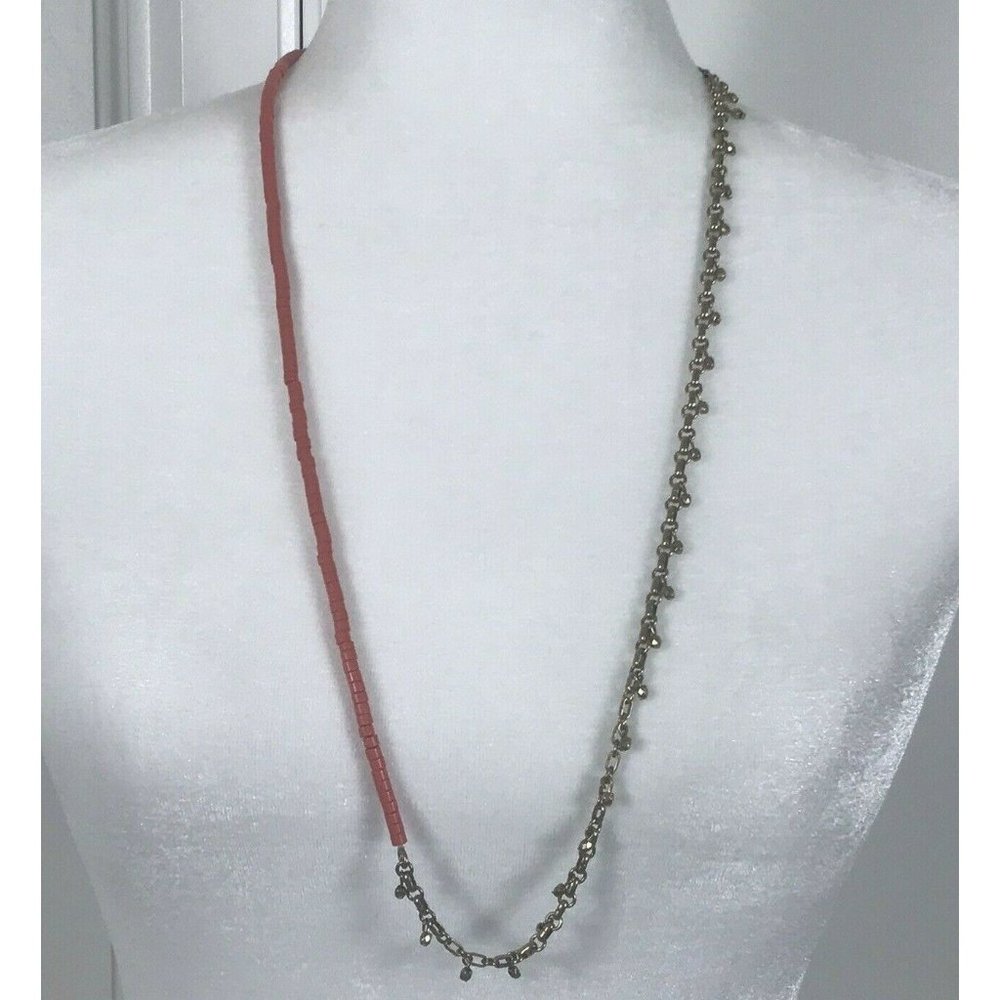 J Crew Coral & Gold Tone Long Layering Necklace Beaded Asymmetrical Approx 32 in